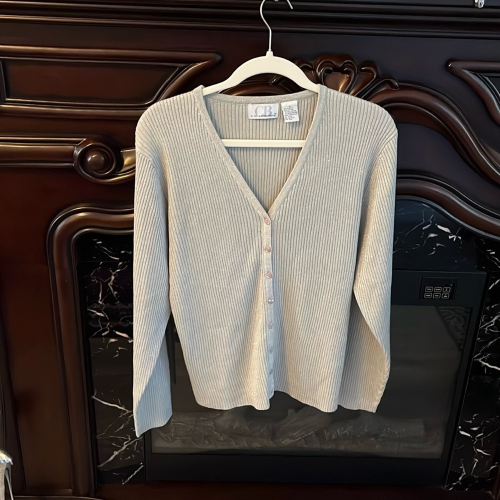 C.B. Collection  silver sparkle thread button down V neck sweater. XL